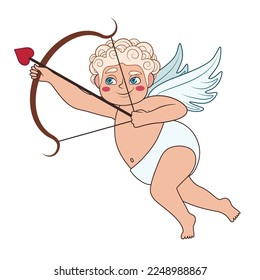Cute Cupid with bow and arrow on white background