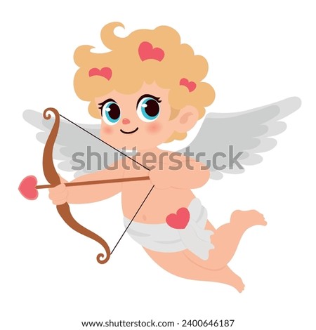 Cute Cupid with bow and arrow on white background