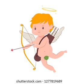 Cute cupid with bow and arrow. Valentine's Day vector cartoon amur character with angel wings and halo isolated on white background.