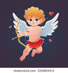 Cute cupid with bow and arrow for valentines. Angel character. Happy Valentine's day vector illustration in cartoon style.