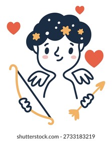 Cupido lindo con arco y flechas. Símbolo de amor. Querubín apuntando con arco largo. Cara adorable del bebé Amur. Corazón de romance. Niño ángel con alas. San Valentín amour. Personaje angelical ficticio de dibujos animados de Vector