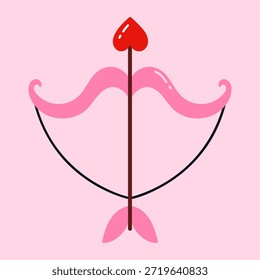 Arco Cupido bonito e seta em forma de coração. Dia dos Namorados e conceito de amor romântico. Ilustração de vetor plana mínima, objeto isolado no fundo rosa claro.

