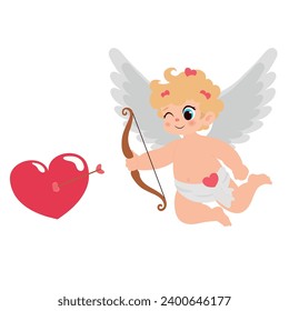 Cute Cupid with bow shooting at red heart on white background