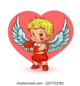 Cute Cupid boy with a bouquet of flowers against the background of the heart. Valentine's Day design. Vector illustration
