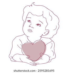 Cute Cupid Boy Character with heart shape in his arms. Vector whimsical outlie flat illustration
