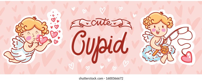 Cute Cupid boy character with hearts, sending air kiss. Hand drawn cute illustrations with lettering text on romantic pink background in cartoon style.