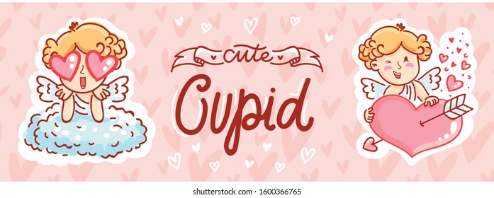 Cute Cupid boy character holding big heart, madly in love . Hand drawn cute illustrations with lettering text on romantic pink background in cartoon style.