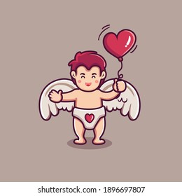 cute cupid boy character holding heart balloons