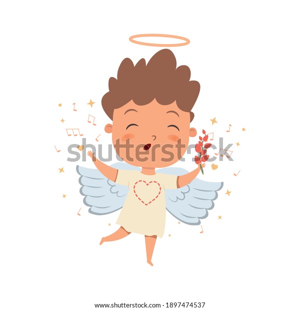 花で歌っている可愛いキューピッドの少年のキャラクター ハッピーバレンタインデーのベクターイラスト かわいい赤ちゃん天使 漫画風の翼を持つ愛らしい子ども ロマンチックなコンセプト 白い背景に天使のような生き物 のベクター画像素材 ロイヤリティフリー