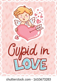 Cute Cupid boy character with wings in love with big heart. Illustration with lettering text on pink romantic background with hearts. 