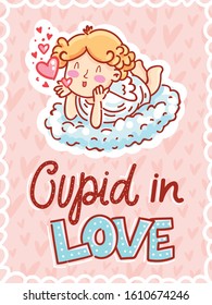 Cute Cupid boy character with wings in love lying on cloud and sending air kiss. Illustration with lettering text on pink romantic background with hearts. 