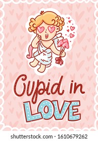 Cute Cupid boy character with wings in love with bow and arrows. Illustration with lettering text on pink romantic background with hearts. 