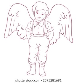 Cute Cupid Boy Character with wings behind his. Vector whimsical outlie flat illustration
