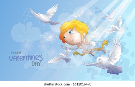 Cute Cupid boy flies through the sky with a flock of birds. Yellow background and flying hearts. Valentine's day greeting card used for print design, banner, poster, flyer template