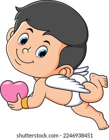 The cute cupid boy is flying and holding the love sign of illustration