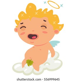 Cute cupid boy sitting on a cloud and having fun. The symbol of Valentine's Day. Cartoon vector illustration on a white background.
