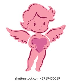 Süß cupid junge stehen mit offenen Flügeln und halten rosa Herz. Romantische Valentinstag-Illustration für Karten, Banner, Einladungen und Liebesmotive