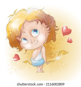 Cute Cupid boy with yellow hair and a golden bow. Yellow background and flying hearts. Valentine's day greeting card used for print design, banner, poster, flyer template