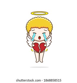 Cute cupid broken heart crying  Vector illustration chibi character isolated white background 