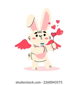 Cute Cupid Bunny with Wings Blowing Heart Soap Bubbles Vector Illustration