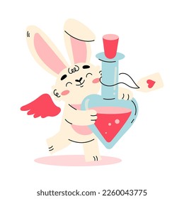 Cute Cupid Bunny with Wings Carrying Glass Flask with Love Potion Vector Illustration