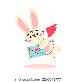 Cute Cupid Bunny with Wings Flying with Envelope Vector Illustration