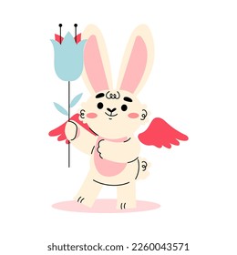 Cute Cupid Bunny with Wings Giving Flower on Stem Vector Illustration