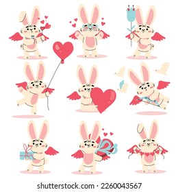 Cute Cupid Bunny with Wings and Heart as Love and Affection Symbol Vector Set