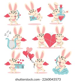 Cute Cupid Bunny with Wings and Heart as Love and Affection Symbol Vector Set