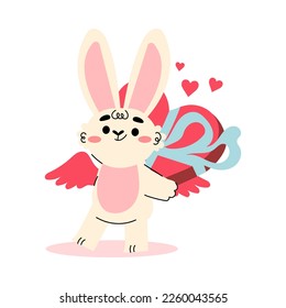 Cute Cupid Bunny with Wings Hiding Gift Box Behind Vector Illustration