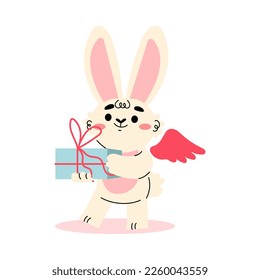 Cute Cupid Bunny with Wings Holding Wrapped Gift Box Vector Illustration