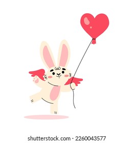 Cute Cupid Bunny with Wings Holding Red Heart Balloon by String Vector Illustration