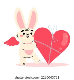 Cute Cupid Bunny with Wings Holding Huge Red Heart Gift Vector Illustration