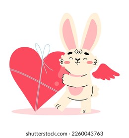 Cute Cupid Bunny with Wings Holding Huge Red Heart Gift Vector Illustration