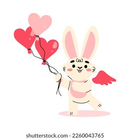 Cute Cupid Bunny with Wings Holding Red Heart Balloon by String Vector Illustration