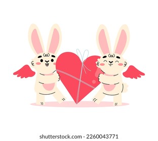 Cute Cupid Bunny with Wings Holding Huge Red Heart Gift Vector Illustration