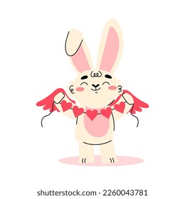 Cute Cupid Bunny with Wings Holding Heart Garland Vector Illustration