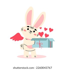 Cute Cupid Bunny with Wings Opening Gift Box with Hearts Vector Illustration