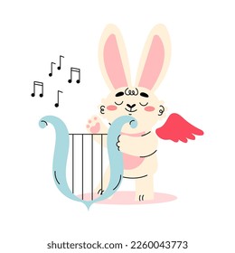 Cute Cupid Bunny with Wings Playing Music with Harp Vector Illustration