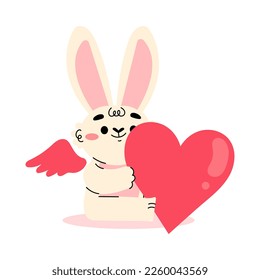 Cute Cupid Bunny with Wings Sitting with Red Heart Vector Illustration