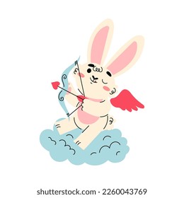 Cute Cupid Bunny with Wings Sitting on Cloud Shooting with Bow and Arrow Vector Illustration