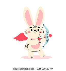 Cute Cupid Bunny with Wings Standing with Bow and Arrow Vector Illustration