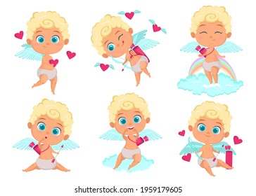 Cute Cupid cartoon character set. Angel boy with bow and arrows smiling and flying among hearts. Collection of vector drawings. Love, romance, Valentines day concept.