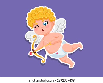 Cute cupid cartoon Sticker with bow and arrow. Vector Illustration elements of a Valentine's Day. Greeting card design, posters, gift tags and labels