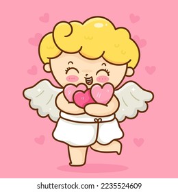 Cupido dibujo animado de un ángel de San Valentín que abraza corazones. Serie: amor festival hada princesa princesa personaje bebé (niño Curly). vector kawaii para libro de cuentos de hadas. Perfecto hacer un deseo para la fiesta infantil.