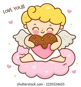 Cute cupid cartoon Valentine angel hug chocolate heart. Series: love festival fairy princess baby character (Curly child boy). kawaii vector for fairy tale book. Perfect make a wish for celebration.