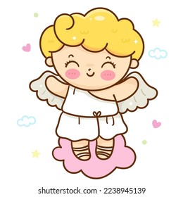 Cute cupid cartoon Valentine angel on sweet cloud. Series: love festival fairy princess baby character (Curly child boy). kawaii vector for fairy tale book. Perfect make a wish for celebration party.