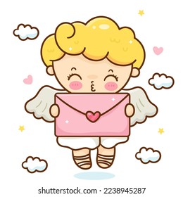Cute cupid cartoon Valentine angel with love letter. Series: love festival fairy princess baby character (Curly child boy). kawaii vector for fairy tale book.Perfect make a wish for celebration party.