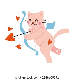 Cute Cupid cat character with a bow and wings, cartoon style. Valentine's Day concept. Trendy modern vector illustration isolated on white background, hand drawn, flat