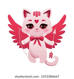 Cute Cupid Cat Character with Bow and Arrow. Happy Valentine's Day Vector Illustration in Cartoon Style.